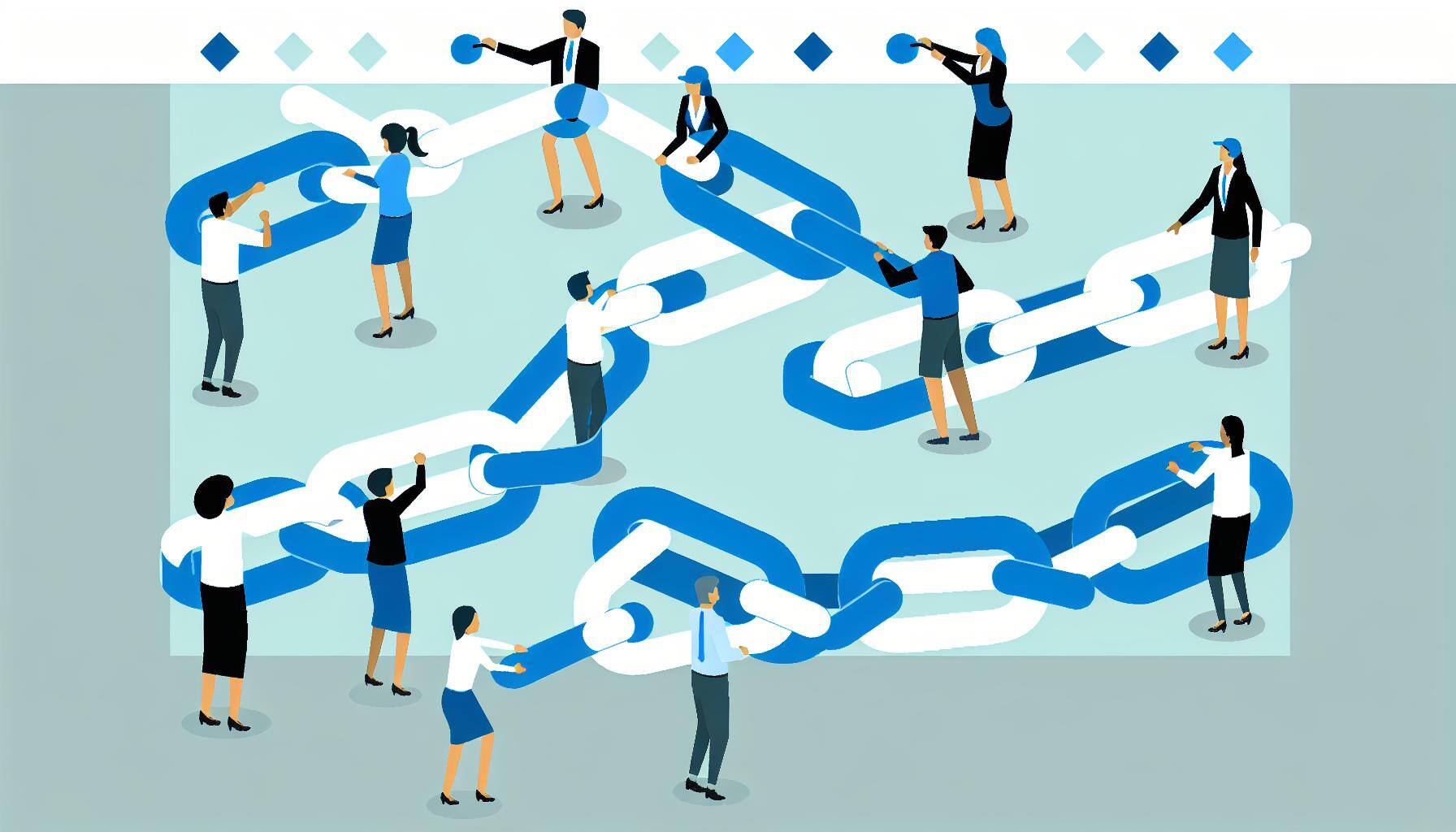 Linking the aspects of a business together as if they were chains using the colors blue and white and showing employees helping to link them